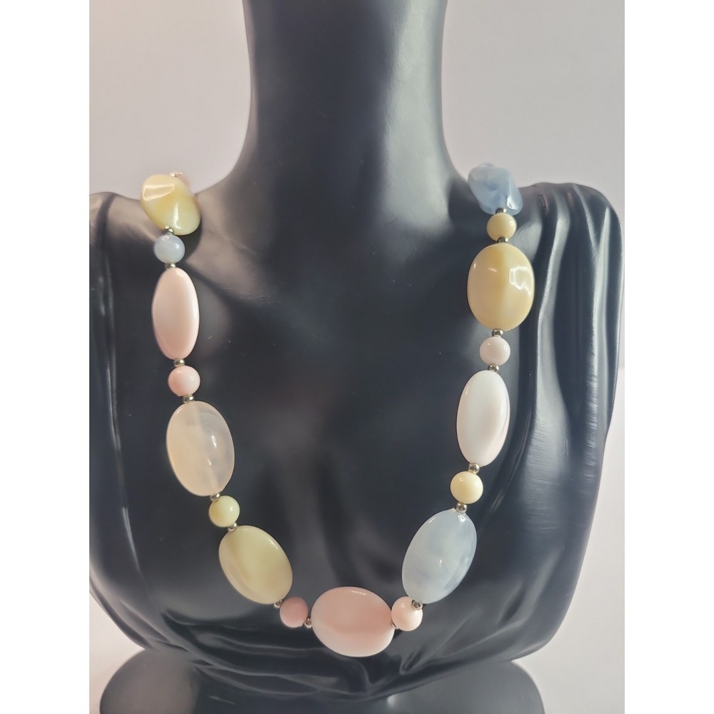 Pastel  Bead Necklace Pink Blue Yellow Oval Beaded Statement Necklace Spring